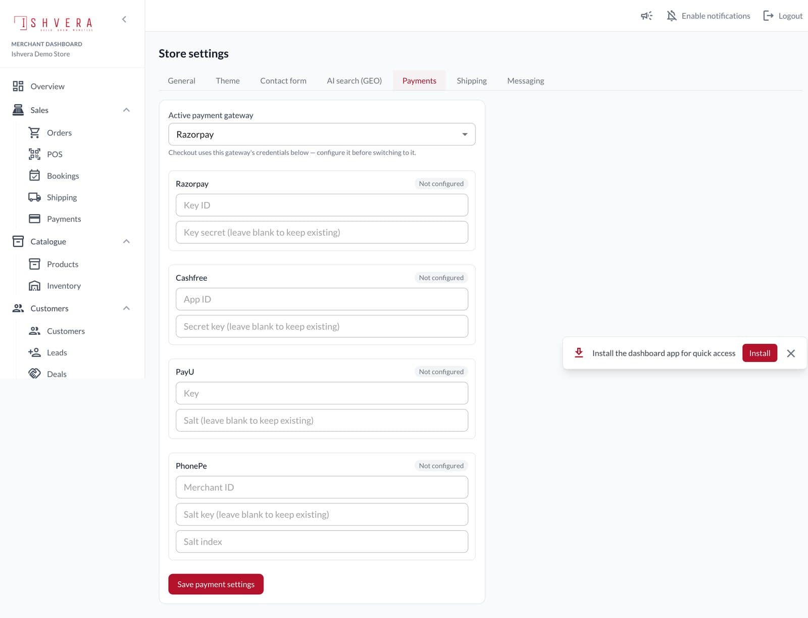 Ishvera Store — payment gateway settings with Razorpay, Cashfree, PayU, and PhonePe options