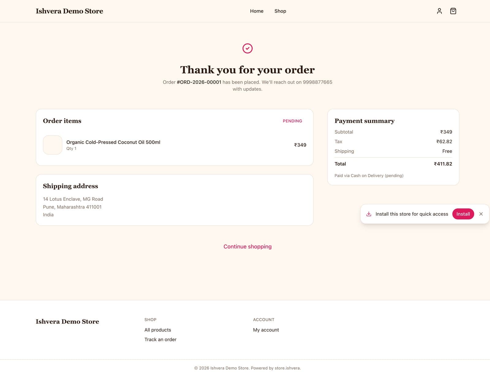 Ishvera Store storefront — order confirmation