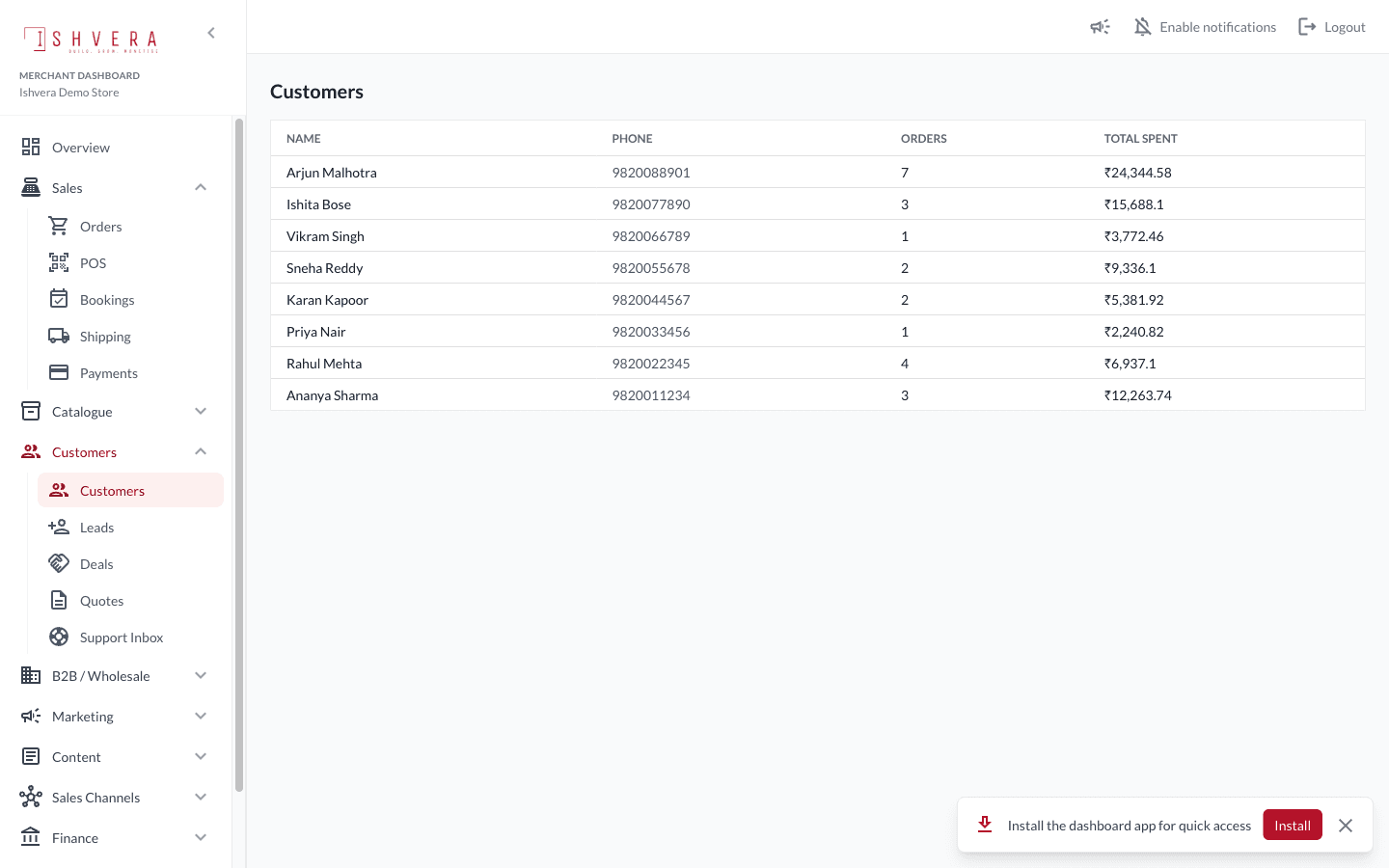 Ishvera Store merchant dashboard — customers