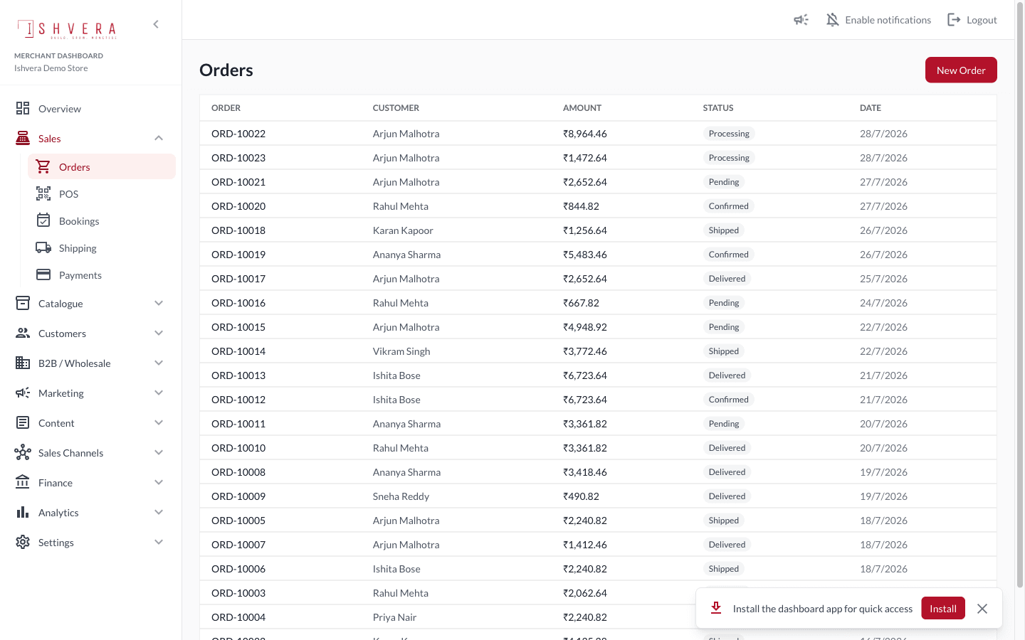 Ishvera Store merchant dashboard — orders