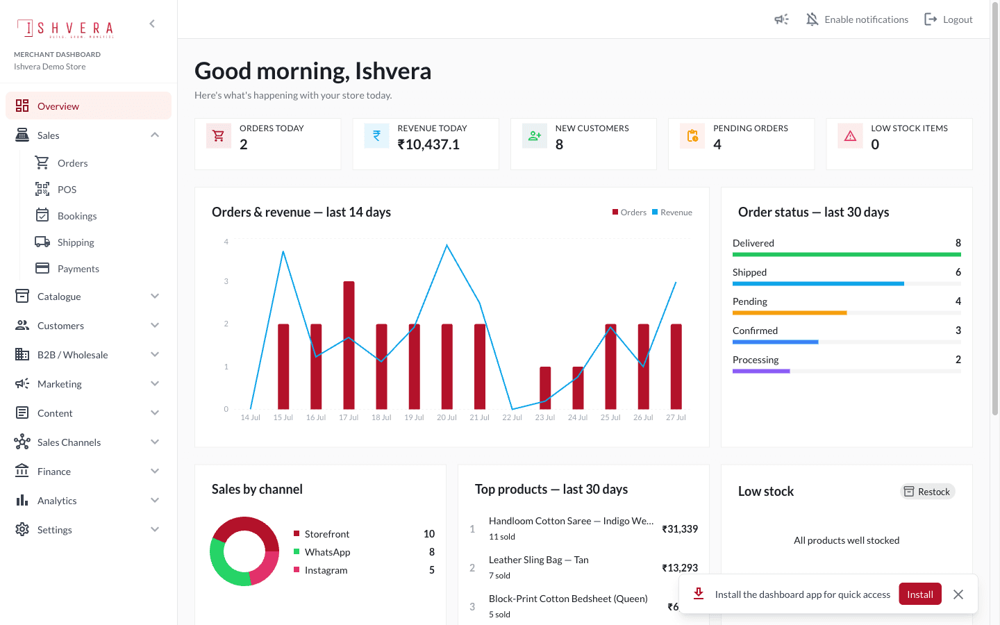 Ishvera Store merchant dashboard