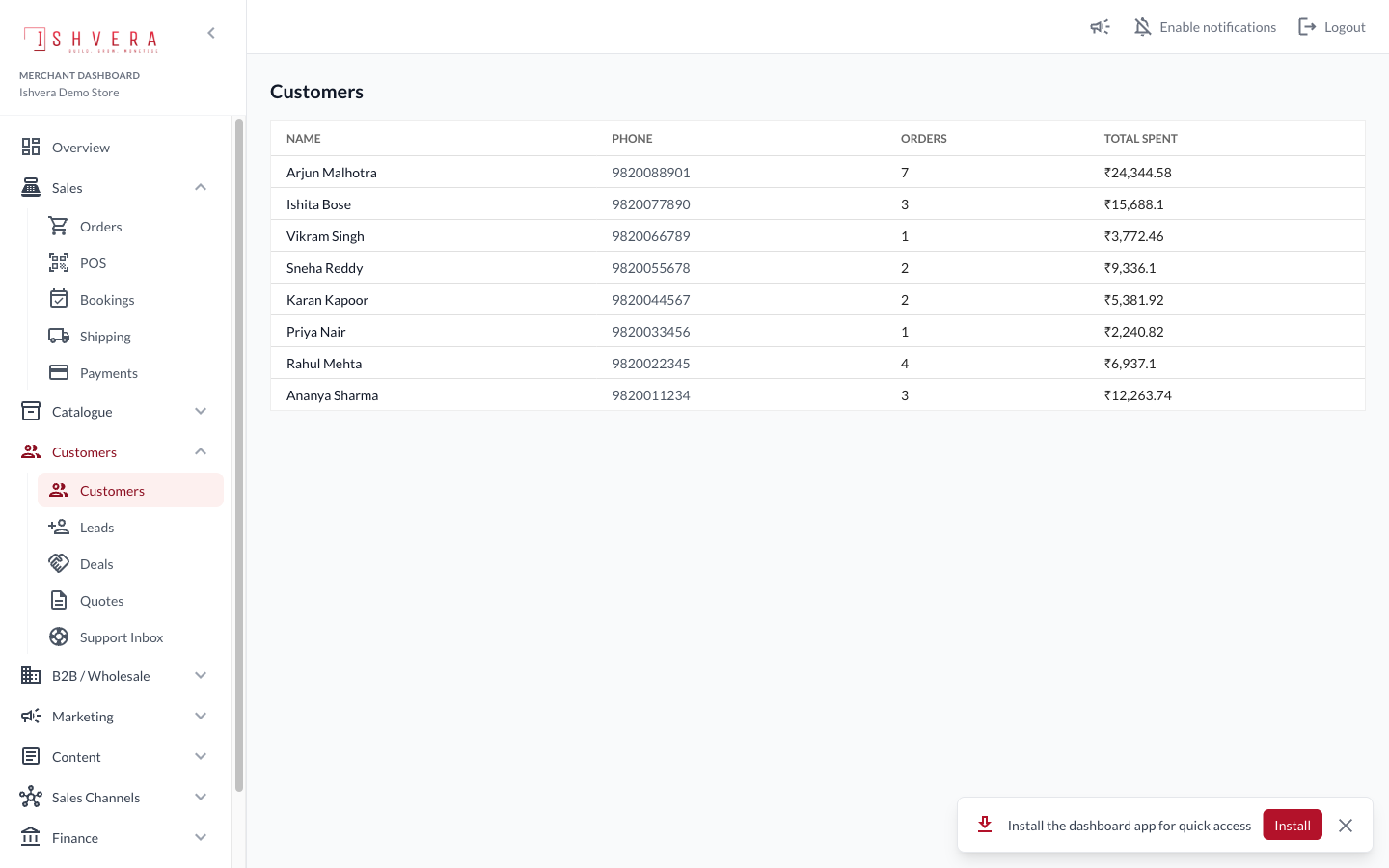 Ishvera merchant dashboard customers list with order count and total spent