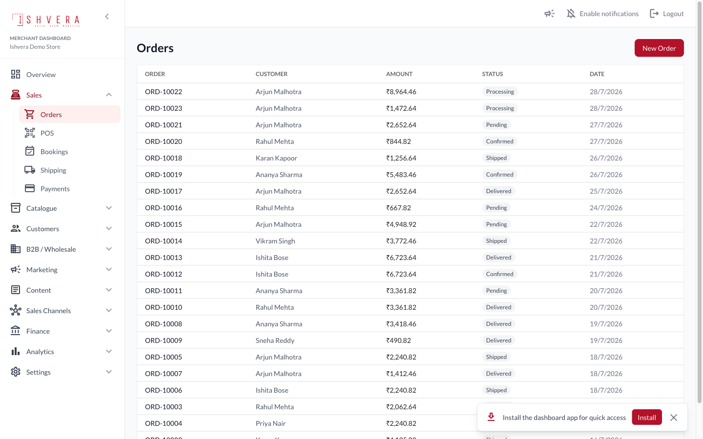 Ishvera merchant dashboard orders list with customer, amount, and status