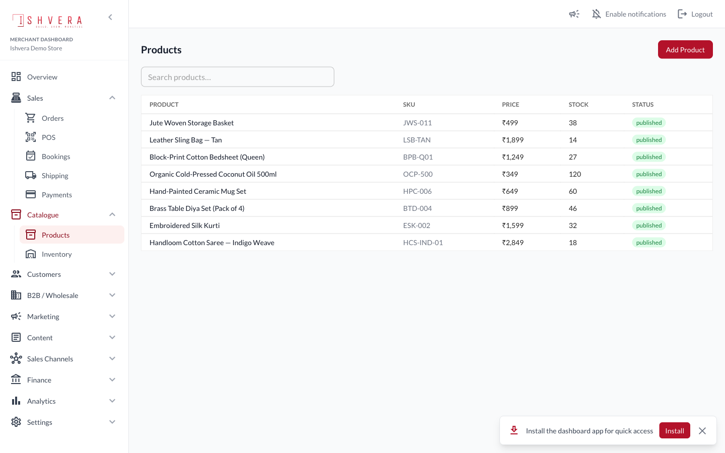 Ishvera merchant dashboard products page listing SKUs, prices, stock, and status